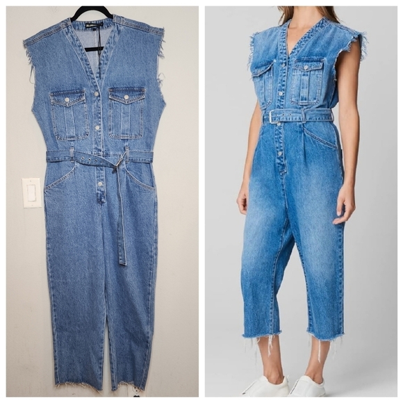 NWT BLANK NYC Womens Sleeveless Denim Belted cropped Jumpsuit. size medium. - Picture 1 of 16